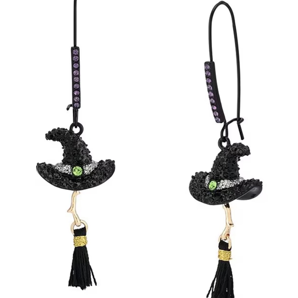 Betsey Johnson Black and Silver Witch Hat / Broom Stick Earrings